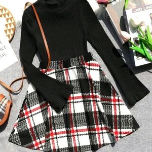 Black, White, Red Mock Neck Top And Plaid Skirt